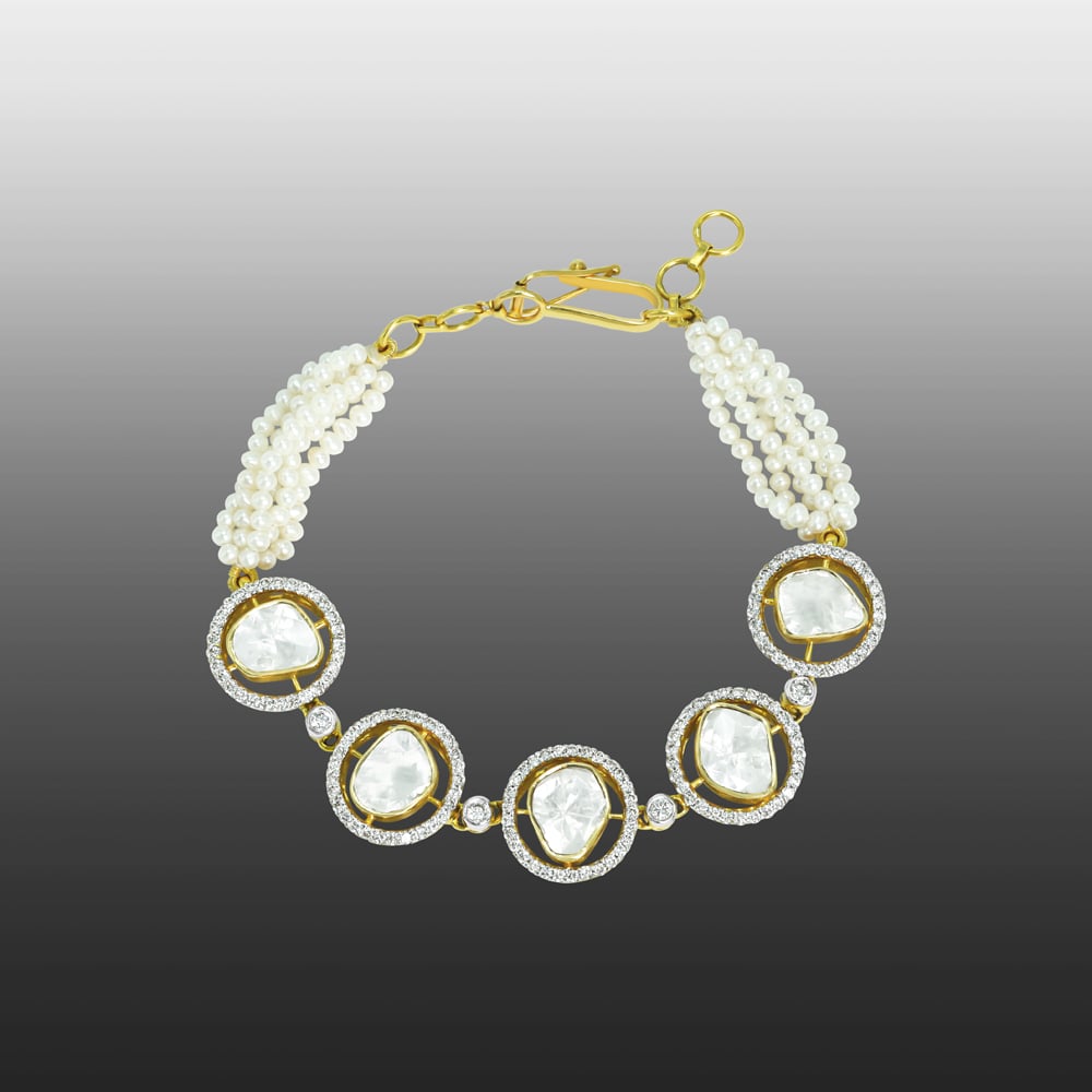 Polki Bracelet with Diamond Halos and Pearl Strands
